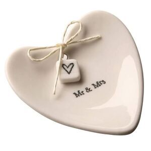 East of India Mr & Mrs Heart-Shaped Ring Dish Porcelain New No Box